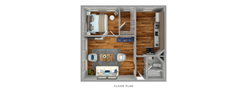a stylized floor plan of a 1 bedroom apartment