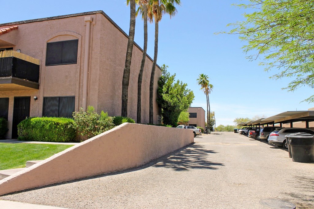 a building with palm trees and cars parked in front of it
