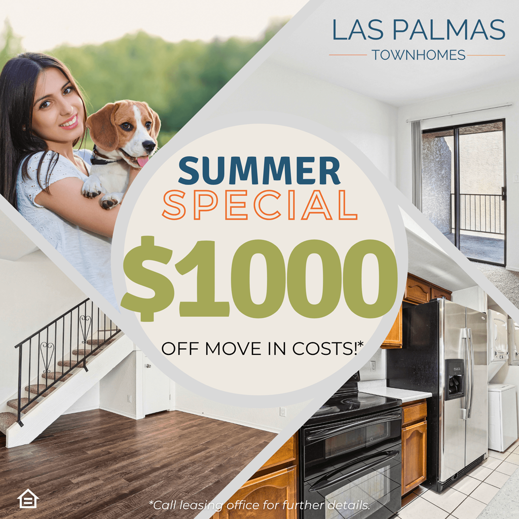 A woman holding a dog in a kitchen with the text "SUMMER SPECIAL $1000 OFF MOVE IN COSTS!"