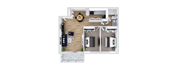 a stylized floor plan with a bedroom and living room