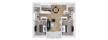 a stylized floor plan with a bedroom and a living room