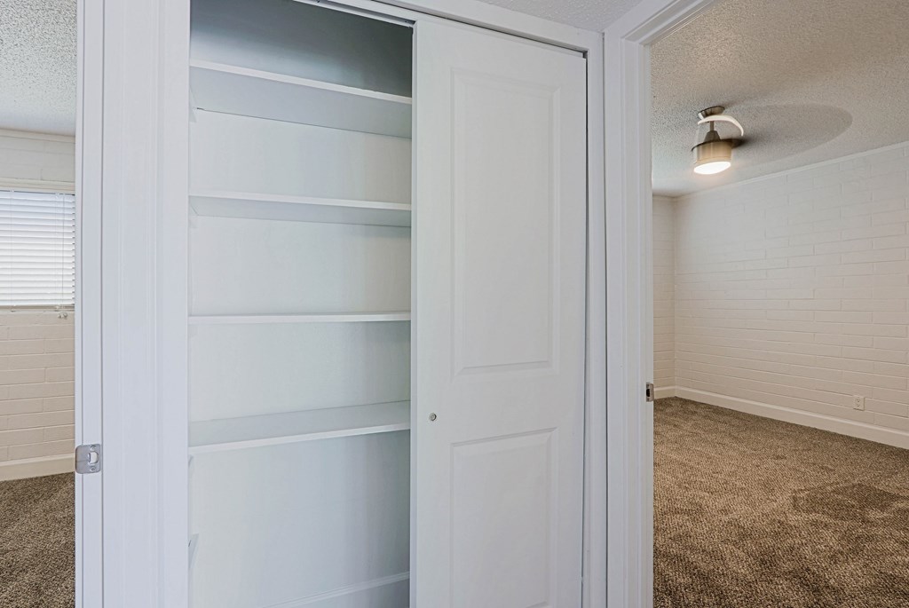A white closet with a door open and shelves inside.