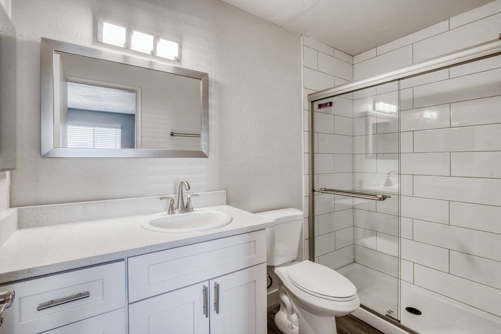 a bathroom with a sink toilet and shower