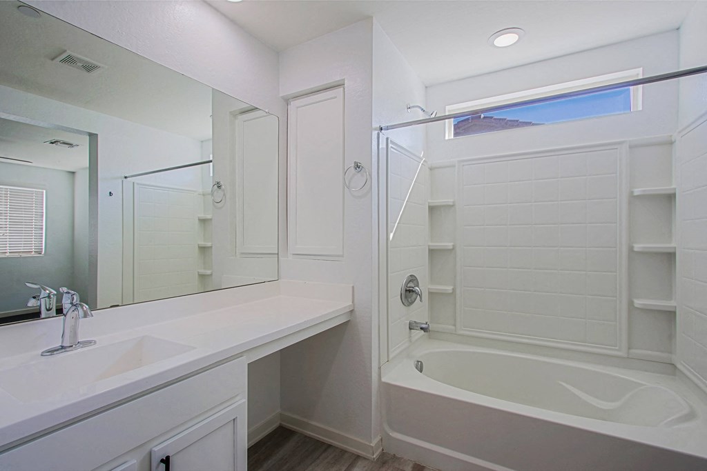 a bathroom with a tub and a sink and a mirror
