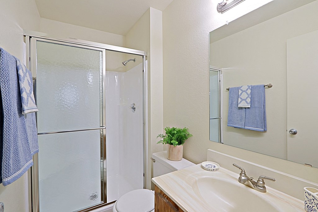 a bathroom with a shower sink and toilet