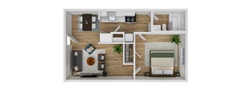 A top-down view of a small apartment with a bedroom and living room.