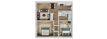 A top down view of a small apartment with a bedroom, living room, and kitchen.