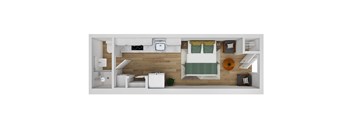 A top down view of a small apartment with a bed, a couch, a table, and a fridge.