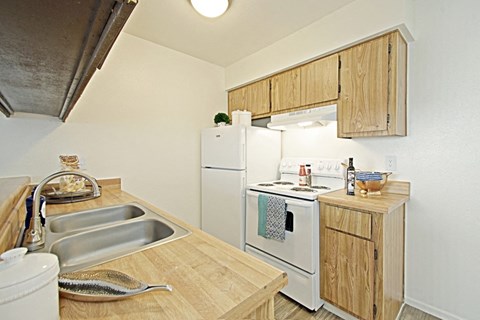a kitchen with a sink stove and refrigerator