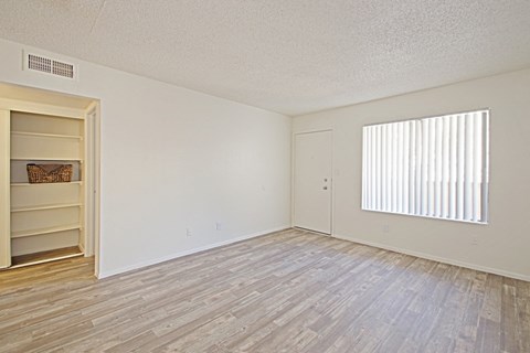 an empty living room with a window and a closet