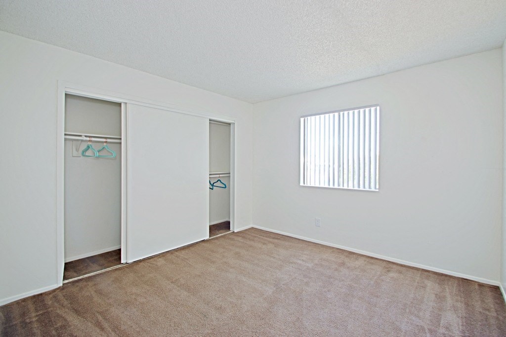 a bedroom with a closet and a window