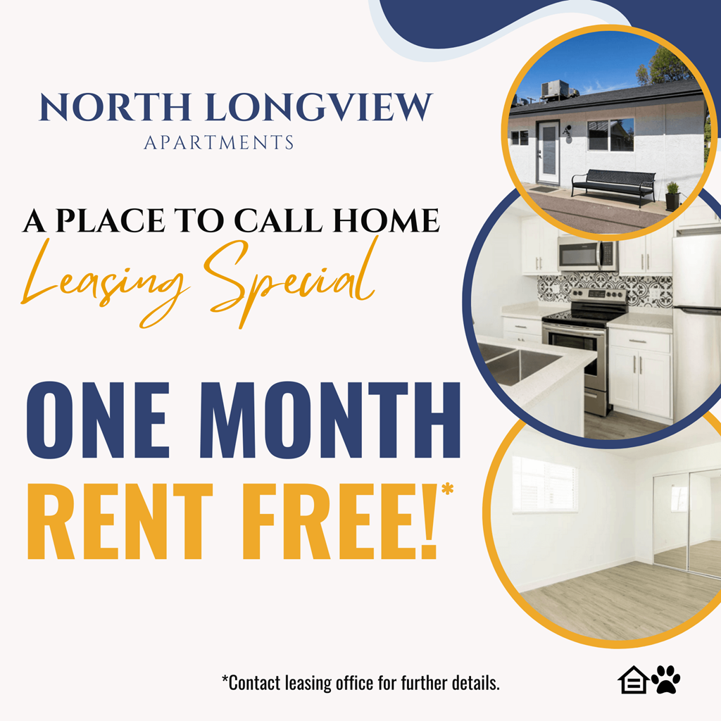 A promotional image for North Longview Apartments offering a one month rent free leasing special.