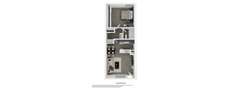 A floor plan of a room with a kitchen, living room, and bathroom.