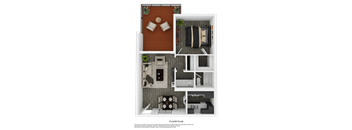 A floor plan of a small apartment with a kitchen, living room, and bathroom.