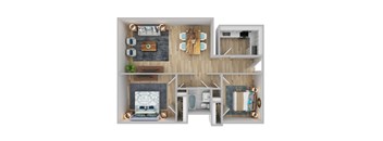 A top-down view of a modern, minimalist apartment layout.