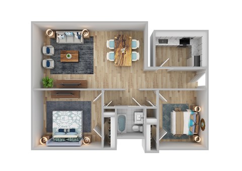 A top-down view of a modern, minimalist apartment layout.