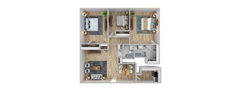 A top-down view of a small apartment with a kitchen, living room, and two bedrooms.