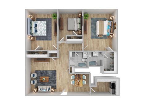 A top-down view of a small apartment with a kitchen, living room, and two bedrooms.