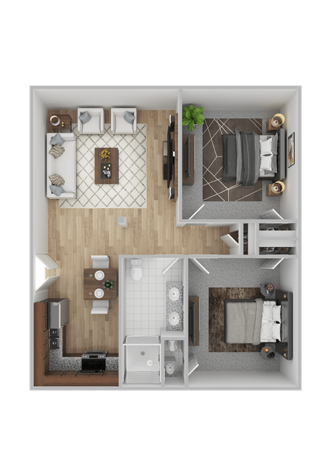 A top-down view of a small apartment with a kitchen, living room, and bathroom.