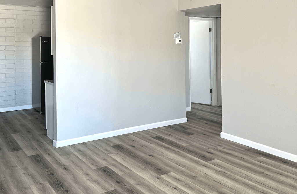 A room with a wooden floor and a white door.