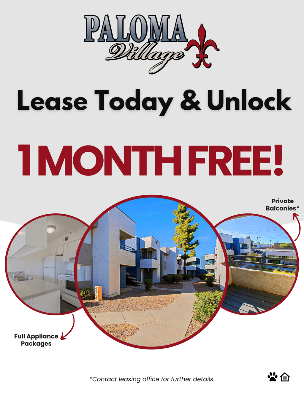 A promotional image for Paloma Villas advertising a free month lease offer.
