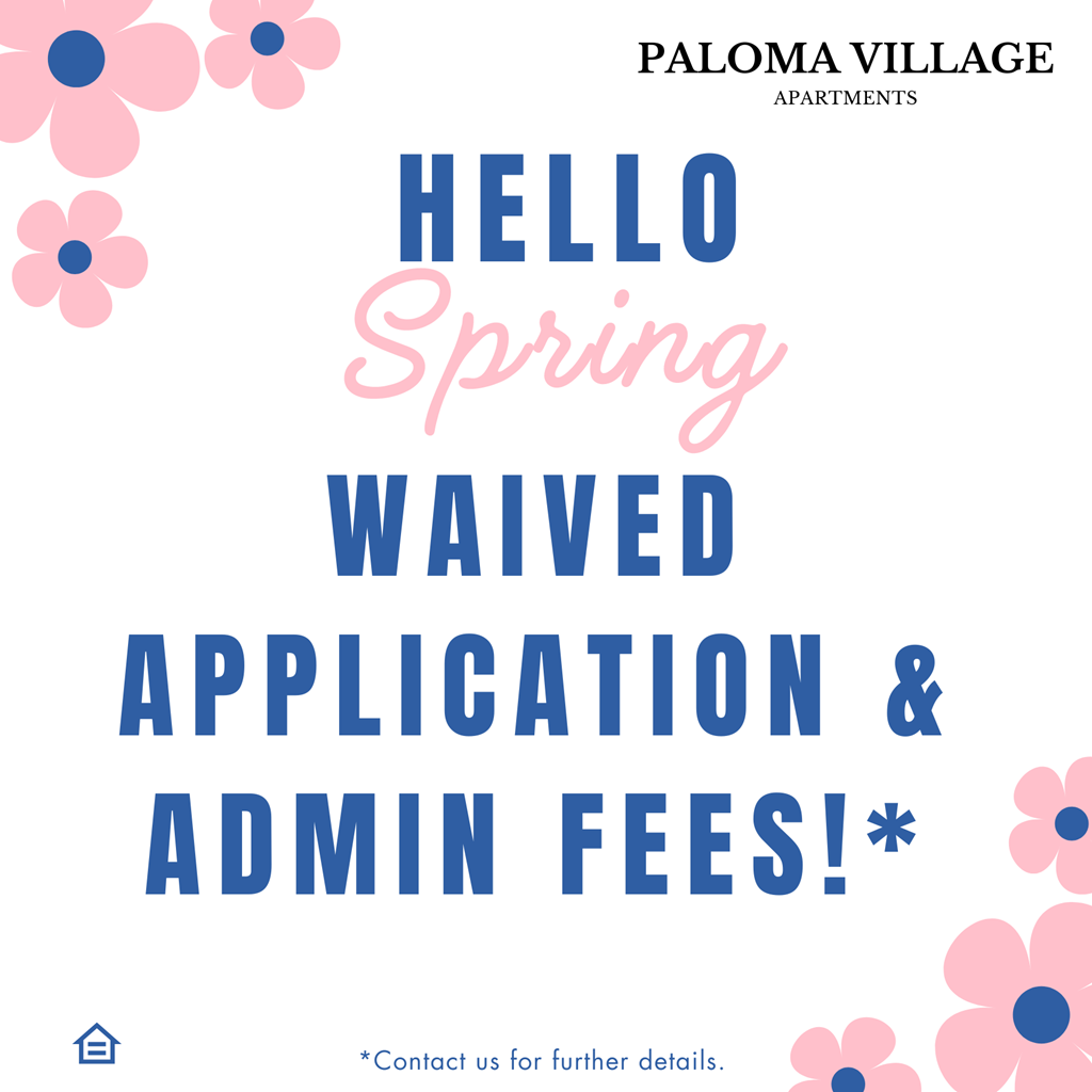 a pink and blue hello spring warranted application and admin fees flyer
