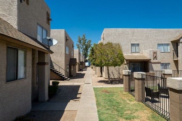 A row of houses with a tree in the middle.