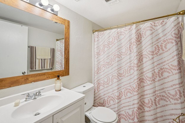 A bathroom with a sink, mirror, toilet and shower curtain.