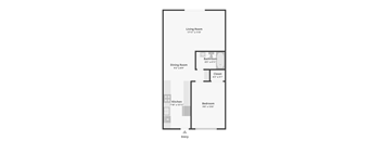 A floor plan of a room with a living room, dining room, kitchen, bedroom and bathroom.