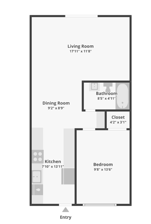 A floor plan of a room with a living room, dining room, kitchen, bedroom and bathroom.