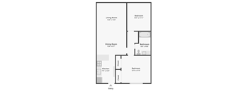 A floor plan of a small apartment with a living room, dining room, kitchen, and two bedrooms.