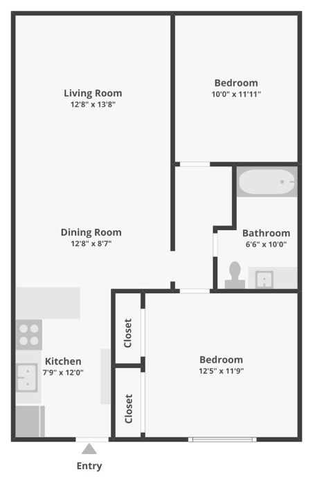 A floor plan of a small apartment with a living room, dining room, kitchen, and two bedrooms.