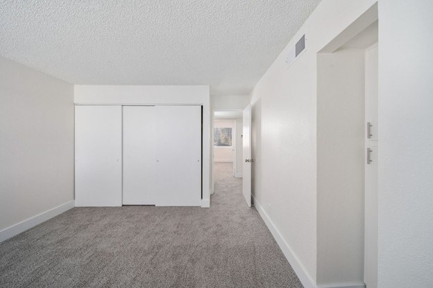 A long hallway with a white door on the right and a white closet on the left.