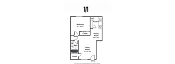 A black and white image of a 1/1 floor plan.