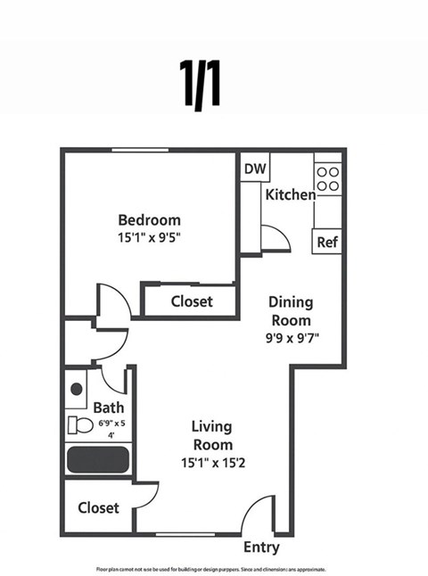 A black and white image of a 1/1 floor plan.