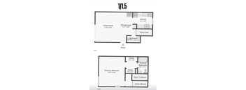 A floor plan of a one bedroom apartment with a living room, dining room, kitchen, and bathroom.