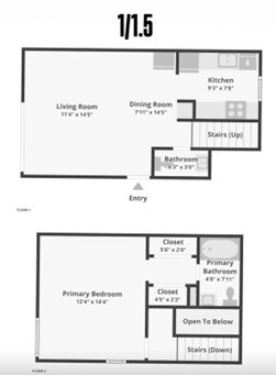 A floor plan of a one bedroom apartment with a living room, dining room, kitchen, and bathroom.