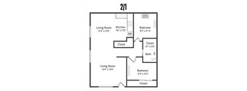A 2/1 house plan with two living rooms, one kitchen, and two bedrooms.