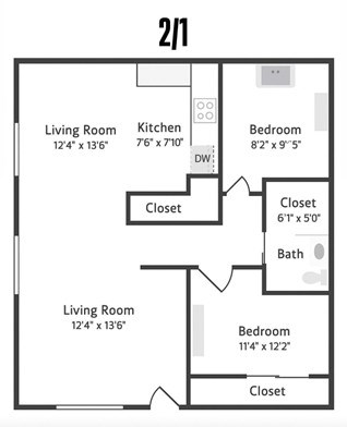 A 2/1 house plan with two living rooms, one kitchen, and two bedrooms.