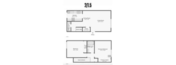 A floor plan of a two-bedroom, one-bathroom apartment.