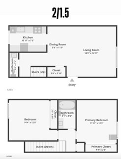 A floor plan of a two-bedroom, one-bathroom apartment.