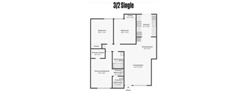 A 3/2 single floor plan with two bedrooms, a living room, a dining room, a kitchen, and a closet.