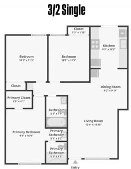 A 3/2 single floor plan with two bedrooms, a living room, a dining room, a kitchen, and a closet.