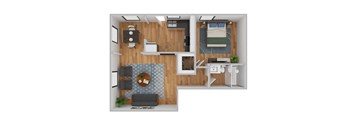 A top-down view of a small apartment with a living room, kitchen, and bedroom.