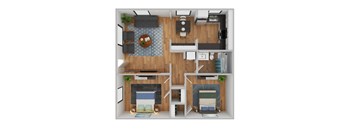 A top down view of a small apartment with a living room, kitchen, and two bedrooms.
