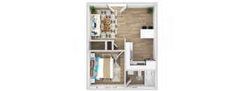 A top-down view of a modern bathroom with a double vanity and a shower area.