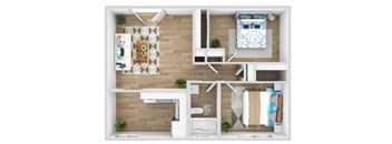 A top-down view of a modern apartment layout with a kitchen, living room, and bedroom.