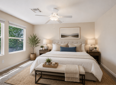 A bedroom with a large bed and a ceiling fan.