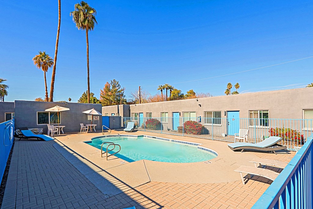 A pool surrounded by palm trees and a blue fence.