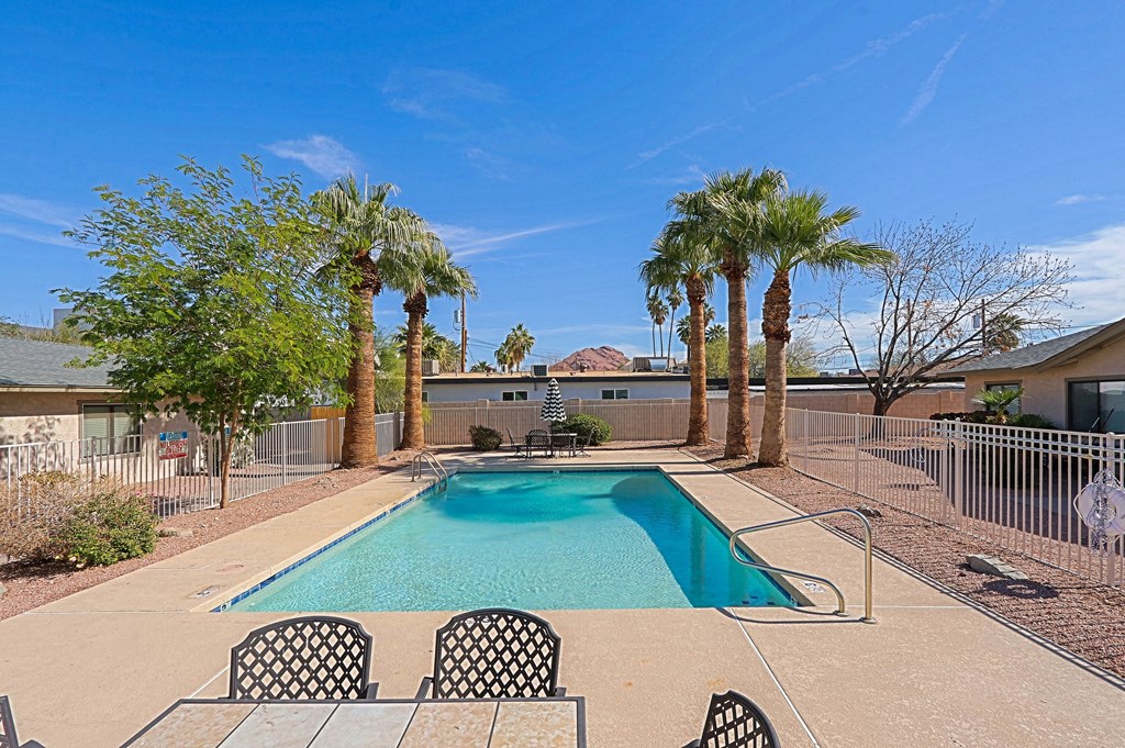 A pool surrounded by palm trees and chairs.